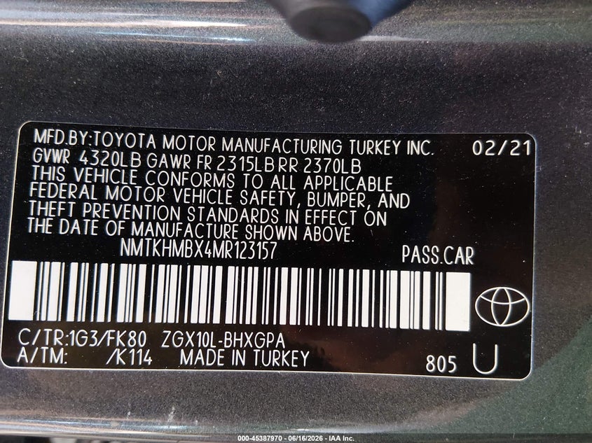 2021 Toyota C-Hr Xle VIN: NMTKHMBX4MR123157 Lot: 45387970