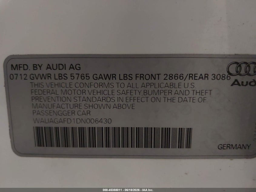 2013 Audi A8 3.0T VIN: WAUAGAFD1DN006430 Lot: 45388011