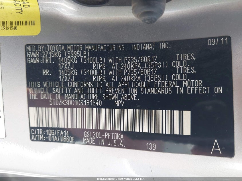 2012 Toyota Sienna Base V6 7 Passenger VIN: 5TDZK3DC1CS181540 Lot: 45388038