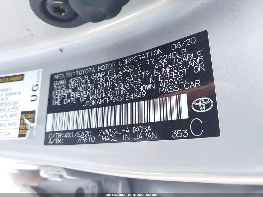 VIN JTDKAMFP5M3164849 2021 TOYOTA PRIUS PRIME XLE
