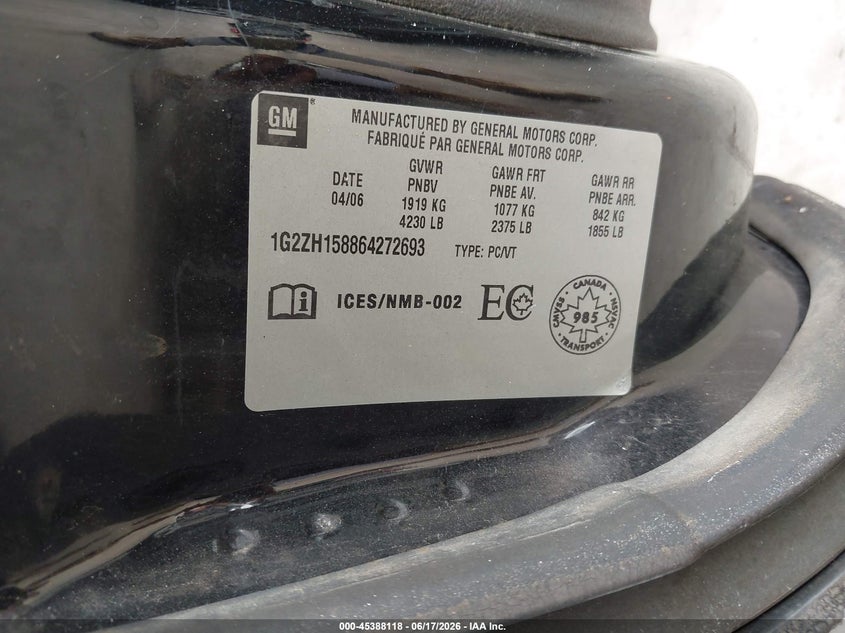 2006 Pontiac G6 Gt VIN: 1G2ZH158864272693 Lot: 45388118