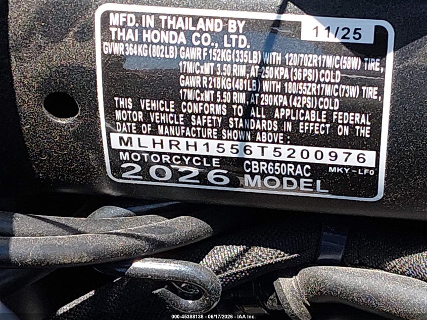 2026 Honda Cbr650 R VIN: MLHRH1556T5200976 Lot: 45388138