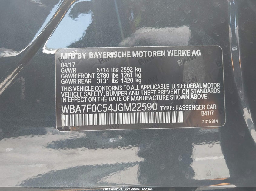 2018 BMW 7 Series 750I VIN: WBA7F0C54JGM22590 Lot: 45388199