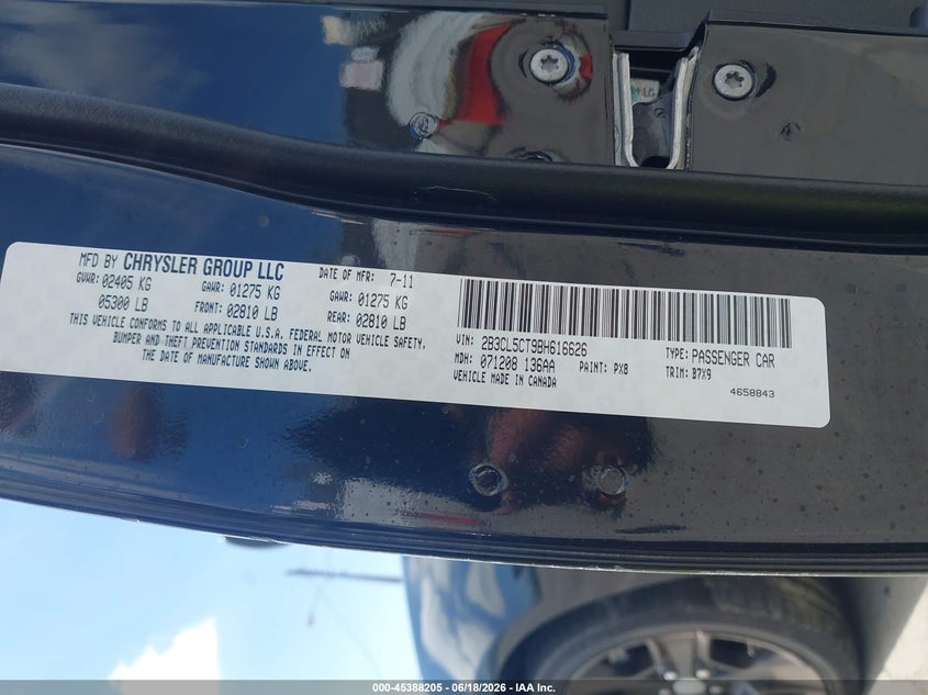 2011 Dodge Charger R/T VIN: 2B3CL5CT9BH616626 Lot: 45388205