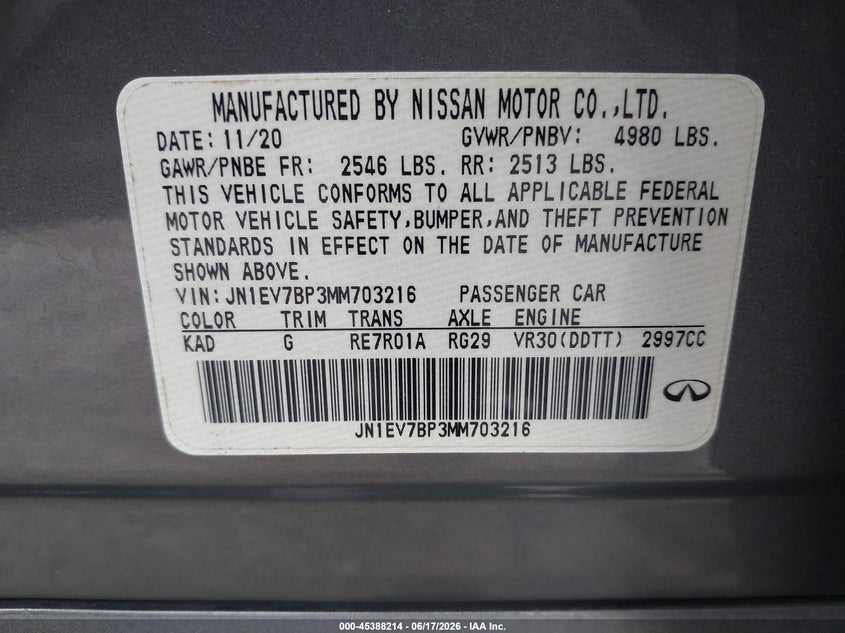 2021 Infiniti Q50 Luxe VIN: JN1EV7BP3MM703216 Lot: 45388214