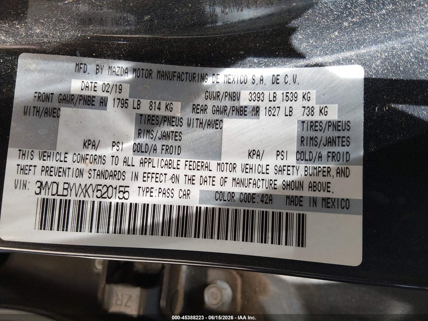 VIN 3MYDLBYVXKY520155 2019 TOYOTA YARIS LE