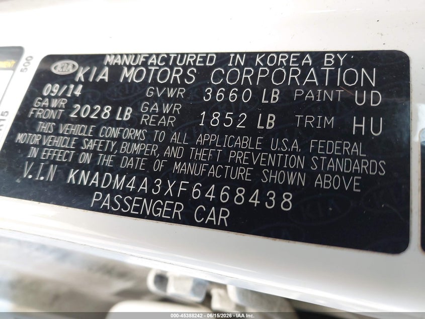 2015 KIA RIO SEDAN 1.6L I-4 DI, DOHC, VVT, 138HP