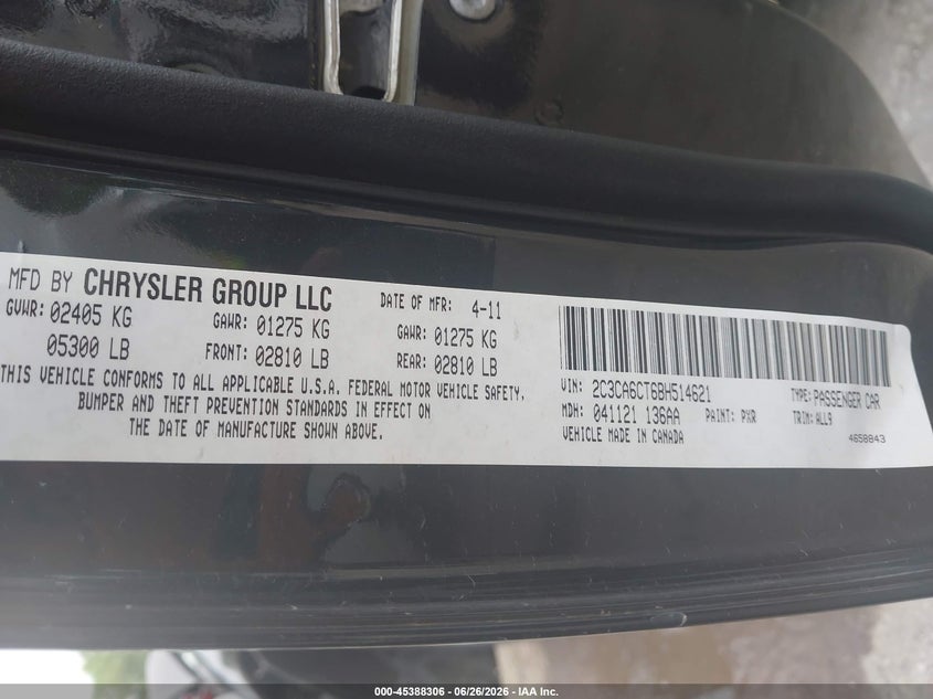 2011 Chrysler 300C VIN: 2C3CA6CT6BH514621 Lot: 45388306