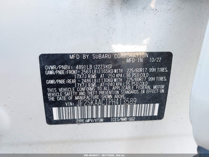 2023 Subaru Forester VIN: JF2SKAAC1PH413589 Lot: 45388317