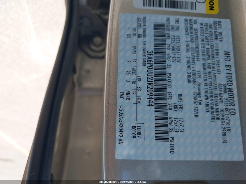 2018 FORD FUSION SEDAN 2.0L I-4 DOHC, VVT, 141HP