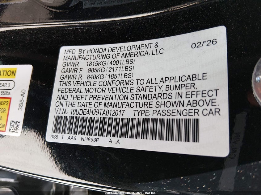 2026 Acura Integra Fwd VIN: 19UDE4H29TA012017 Lot: 45388335