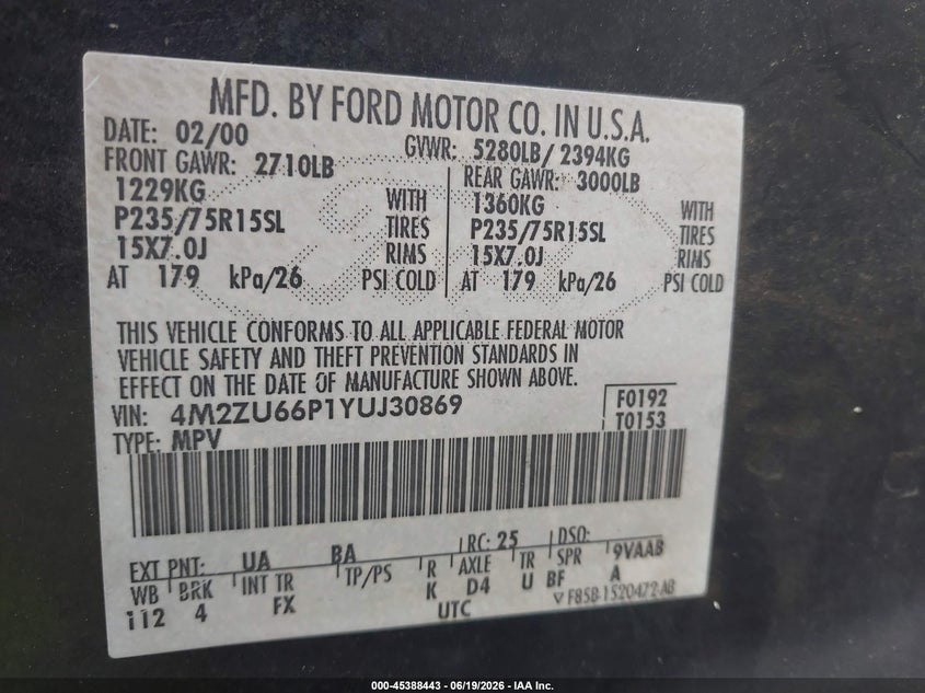 2000 Mercury Mountaineer VIN: 4M2ZU66P1YUJ30869 Lot: 45388443