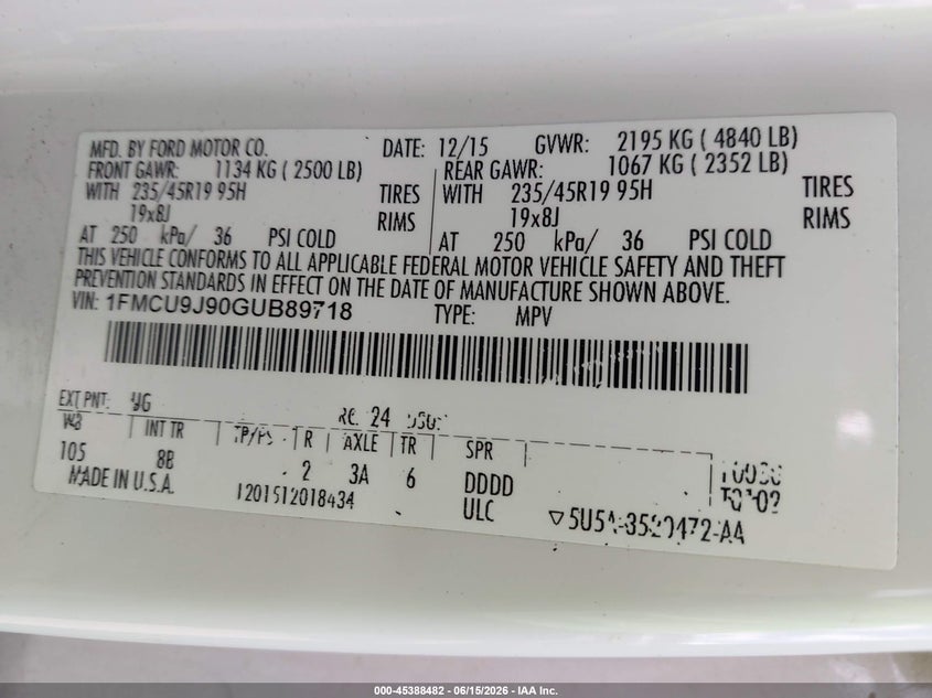 FORD ESCAPE 2016 VIN 1FMCU9J90GUB89718