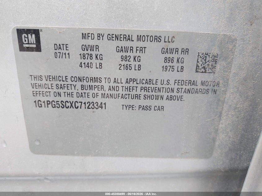 2012 CHEVROLET CRUZE SEDAN 1.4L I-4 DOHC, VVT, TURBO, 138HP