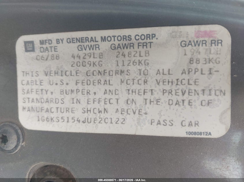 1988 Cadillac Seville VIN: 1G6KS5154JU820122 Lot: 45388571