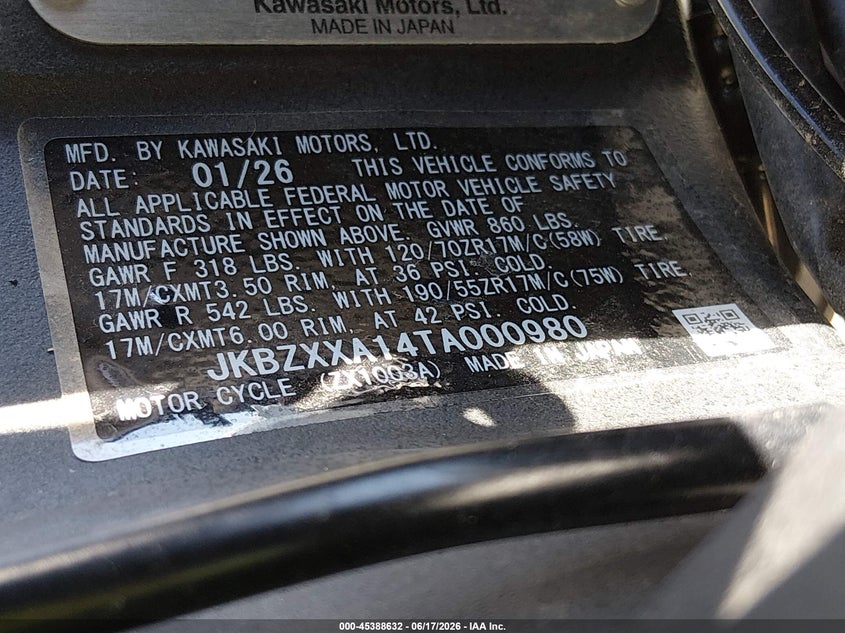 2025 Kawasaki Ex650 P VIN: ML5EXEP13SDAD9750 Lot: 45388632