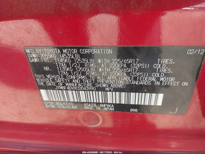 2012 TOYOTA RAV 4 SPORT UTILITY VEHICLE 2.5L I-4 DOHC, VVT, 179HP