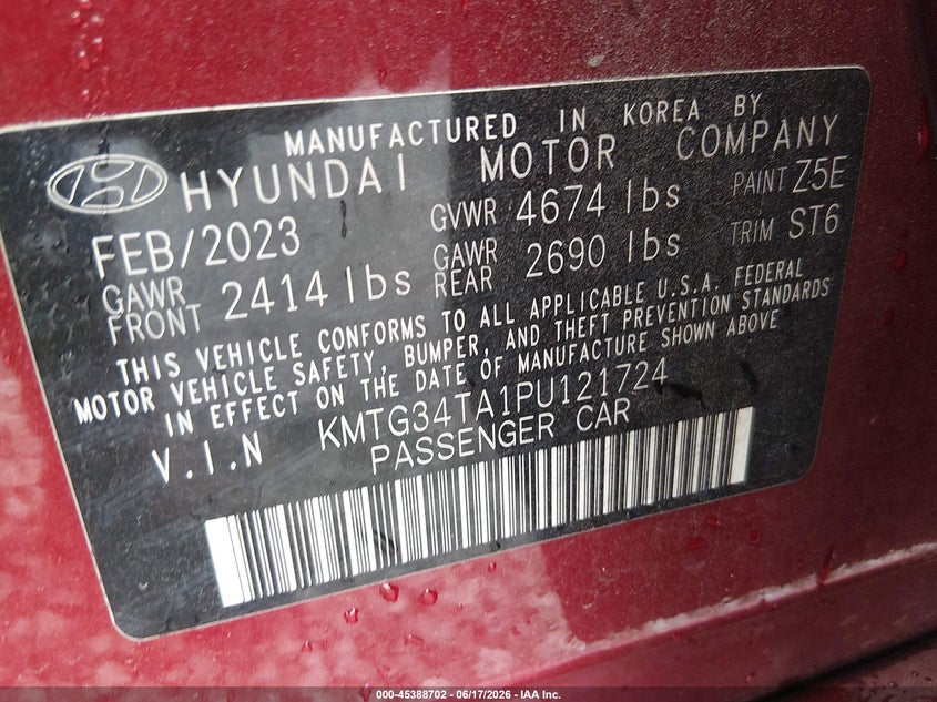 2023 Genesis G70 2.0T Rwd VIN: KMTG34TA1PU121724 Lot: 45388702