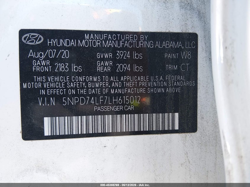 2020 Hyundai Elantra Se VIN: 5NPD74LF7LH615012 Lot: 45388769