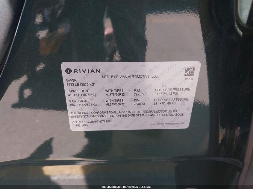 2026 Rivian R1S Dual Motor Standard Pack VIN: 7PDSGGBA9TN076206 Lot: 45388840