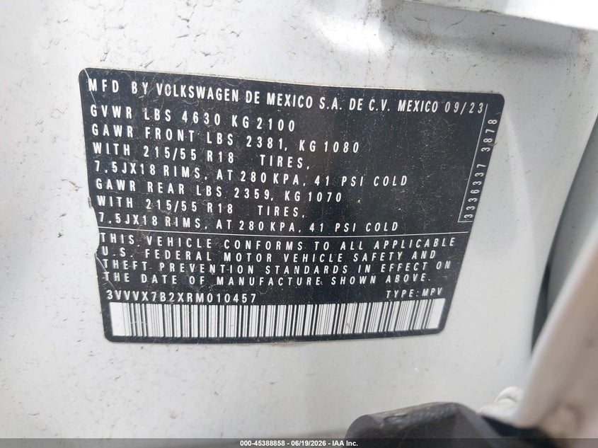2024 Volkswagen Taos 1.5T Se VIN: 3VVVX7B2XRM010457 Lot: 45388858