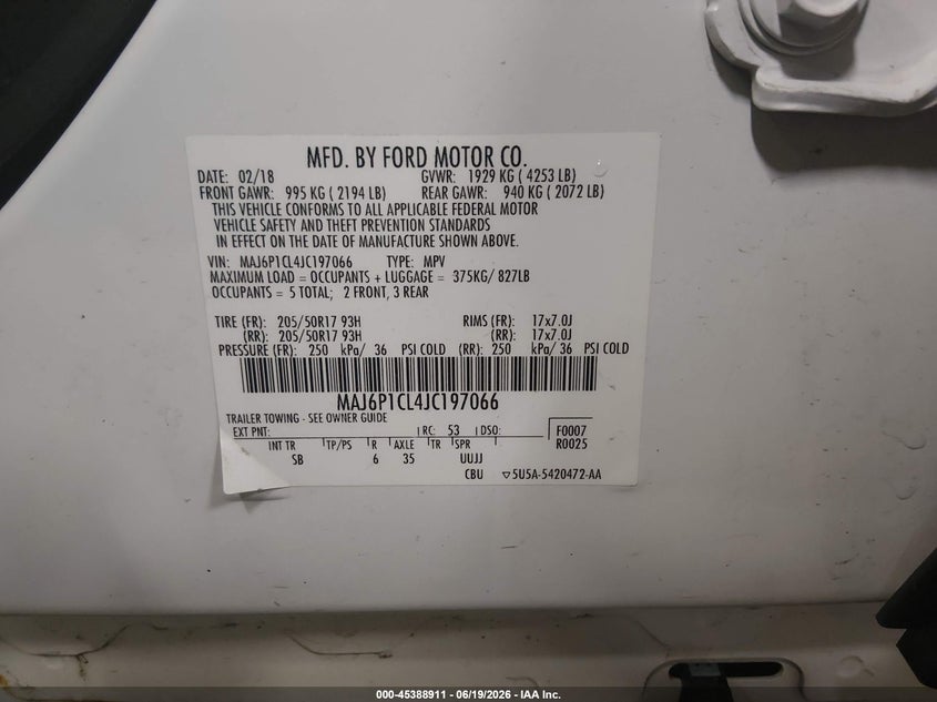 2018 Ford Ecosport Ses VIN: MAJ6P1CL4JC197066 Lot: 45388911