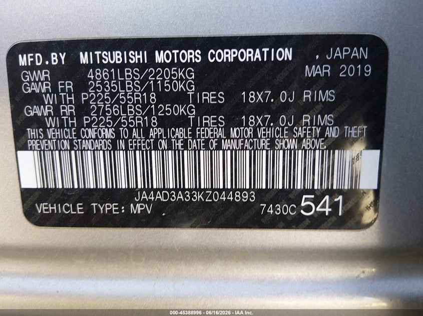 2019 MITSUBISHI OUTLANDER SPORT UTILITY VEHICLE 2.4L I-4 VVT, 166HP