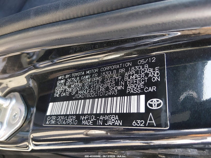 2012 Toyota Prius C Four VIN: JTDKDTB32C1012493 Lot: 45388998