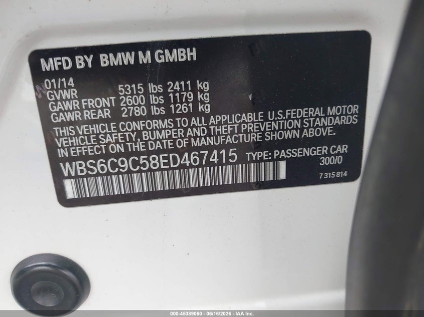 2014 BMW M6 Gran Coupe VIN: WBS6C9C58ED467415 Lot: 45389060