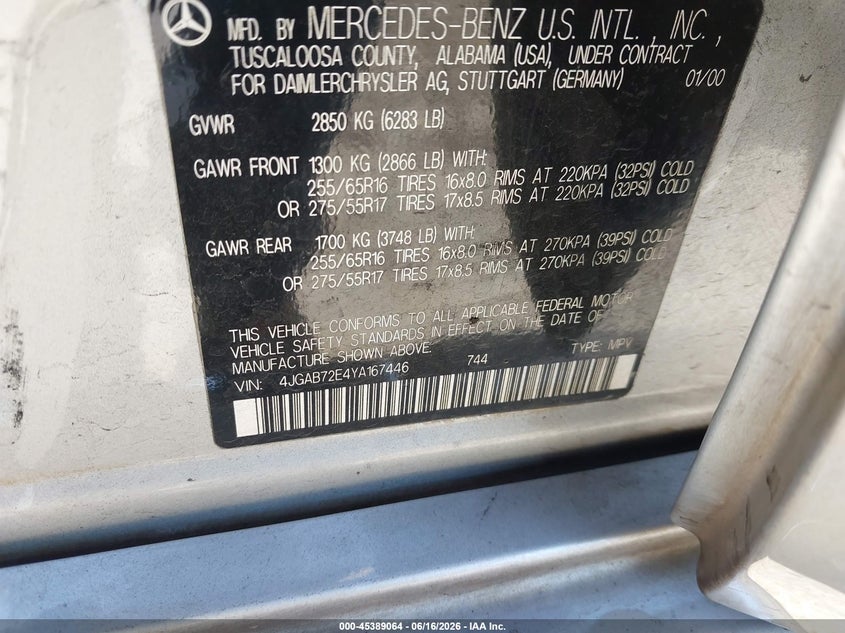 2000 Mercedes-Benz Ml 430 VIN: 4JGAB72E4YA167446 Lot: 45389064