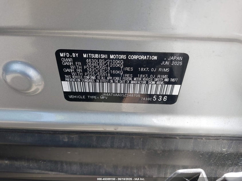 2025 Mitsubishi Eclipse Cross Le S-Awc VIN: JA4ATVAA0SZ048705 Lot: 45389150