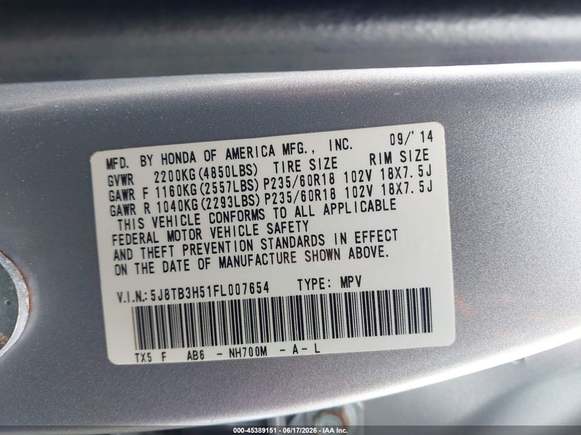 ACURA RDX 2015 VIN 5J8TB3H51FL007654