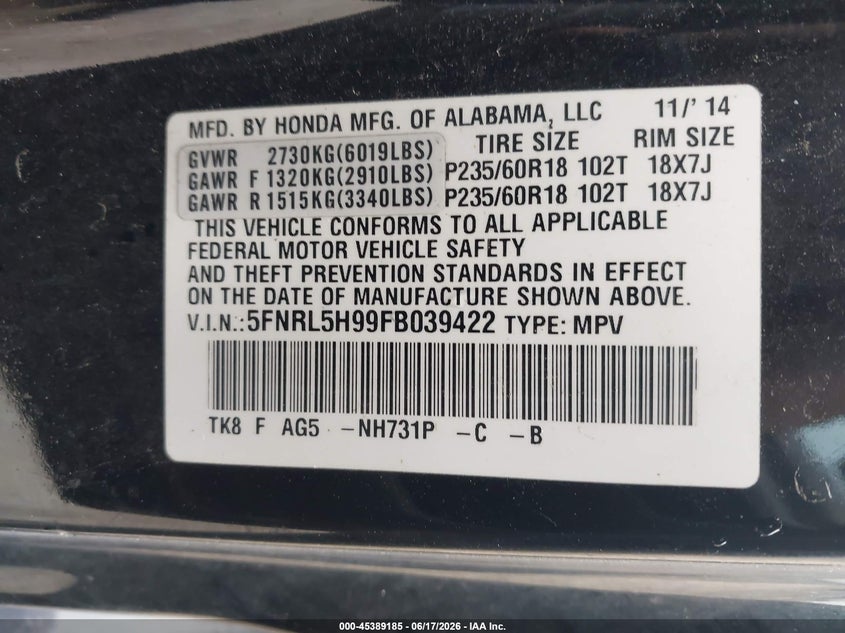 2015 Honda Odyssey Touring/Touring Elite VIN: 5FNRL5H99FB039422 Lot: 45389185