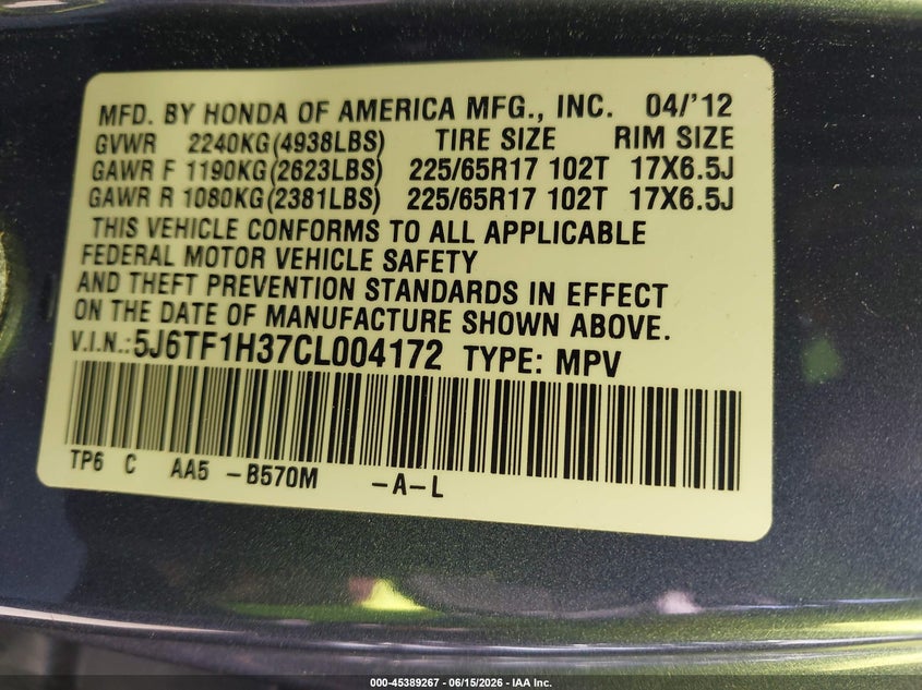 2012 Honda Crosstour Ex VIN: 5J6TF1H37CL004172 Lot: 45389267
