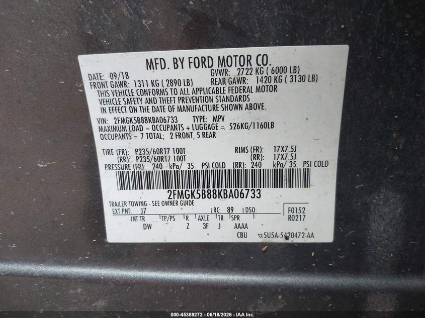 2019 Ford Flex Se VIN: 2FMGK5B88KBA06733 Lot: 45389272
