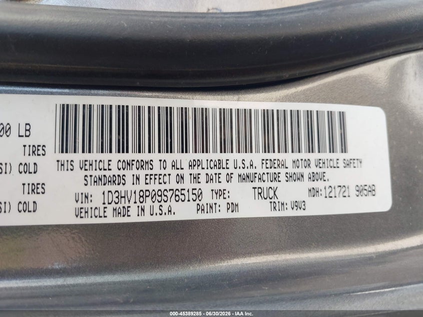 2009 Dodge Ram 1500 St VIN: 1D3HV18P09S765150 Lot: 45389285