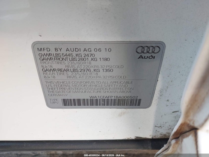 AUDI Q5 2011 VIN WA1CFAFP1BA006502