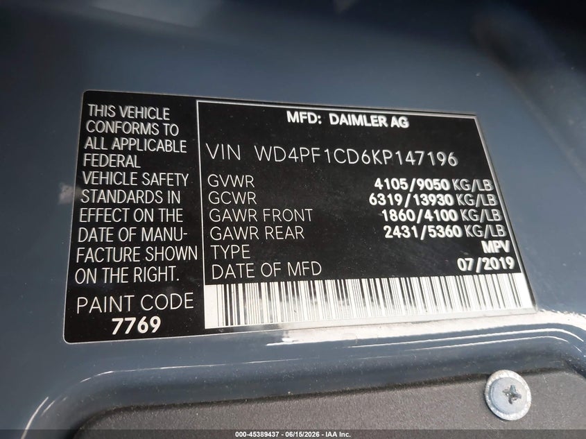 2019 Mercedes-Benz Sprinter 2500 High Roof V6 VIN: WD4PF1CD6KP147196 Lot: 45389437