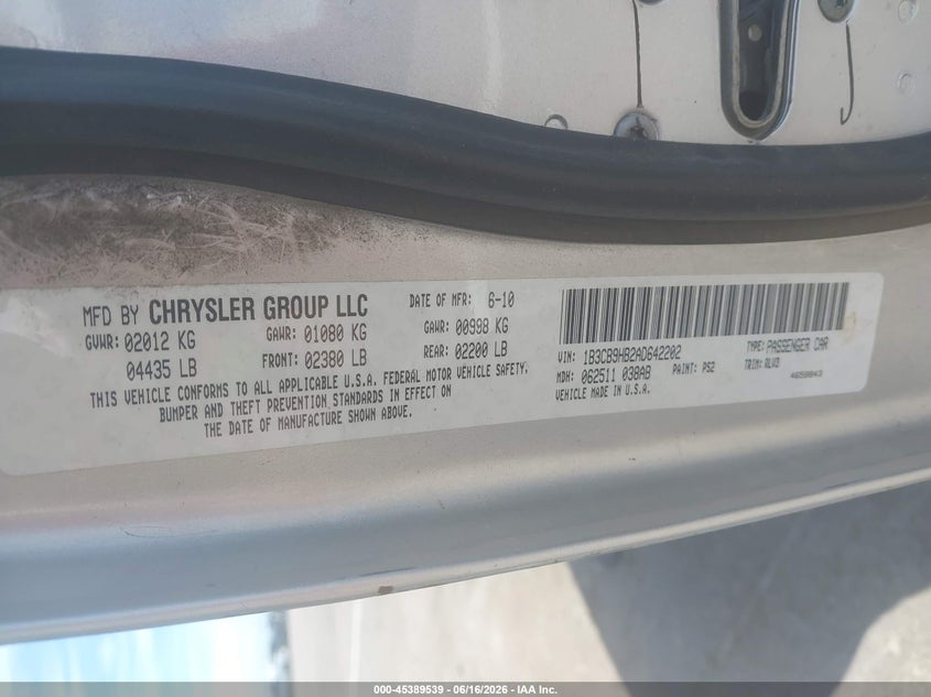 2010 Dodge Caliber Sxt VIN: 1B3CB4HA1AD652066 Lot: 45389539