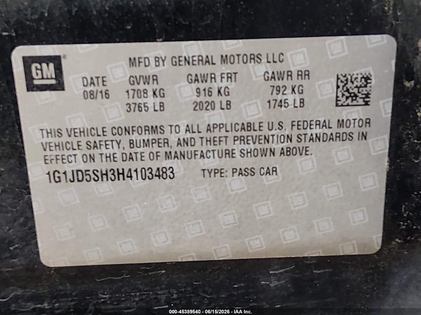 2017 Chevrolet Sonic Lt Auto VIN: 1G1JD5SH3H4103483 Lot: 45389540
