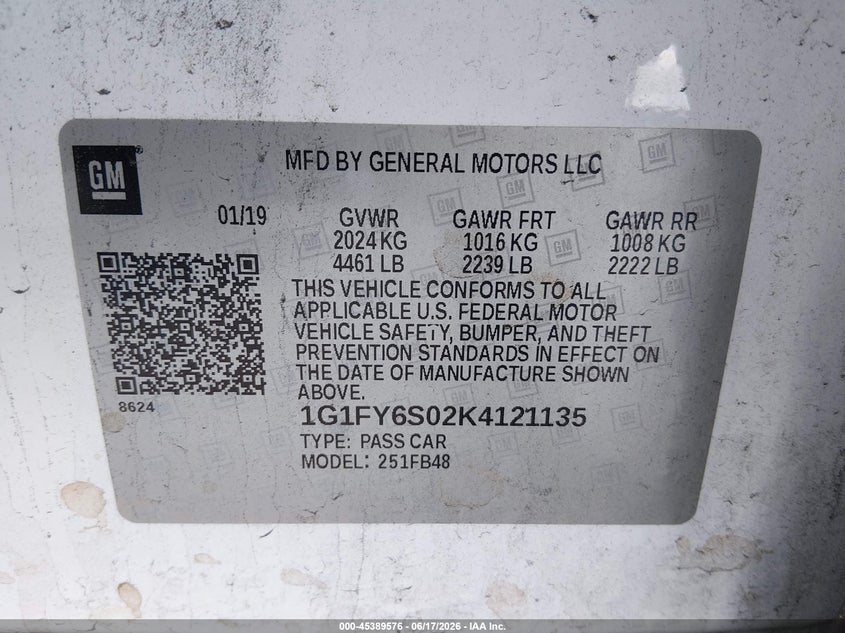 2019 Chevrolet Bolt Ev Lt VIN: 1G1FY6S02K4121135 Lot: 45389576
