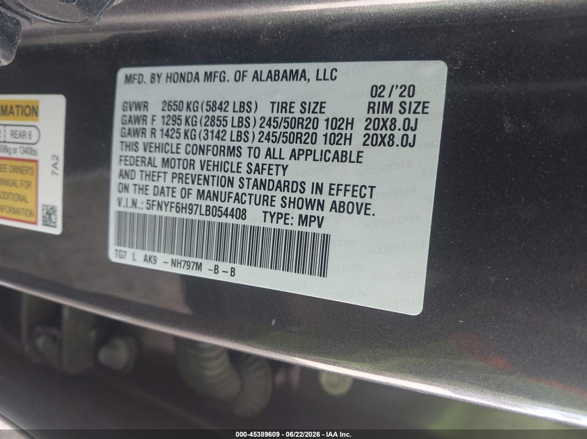 VIN 5FNYF6H97LB054408 2020 HONDA PILOT AWD TOURING 8 PASSENGER