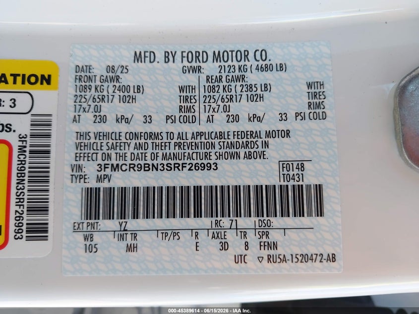 2025 Ford Bronco Sport Big Bend VIN: 3FMCR9BN3SRF26993 Lot: 45389614