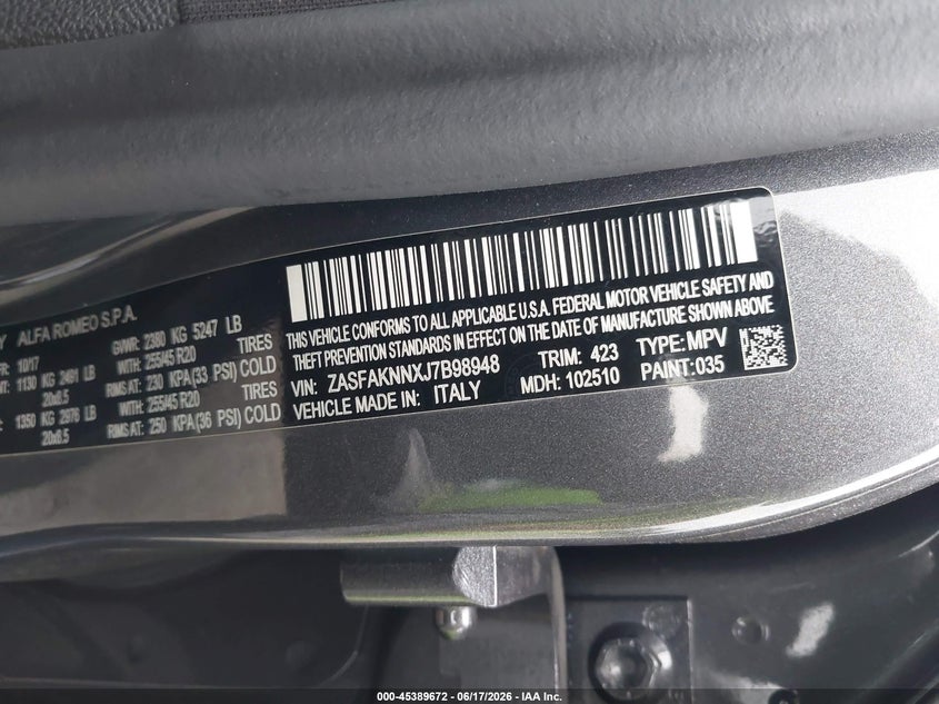 2018 Alfa Romeo Stelvio Ti Sport Awd VIN: ZASFAKNNXJ7B98948 Lot: 45389672