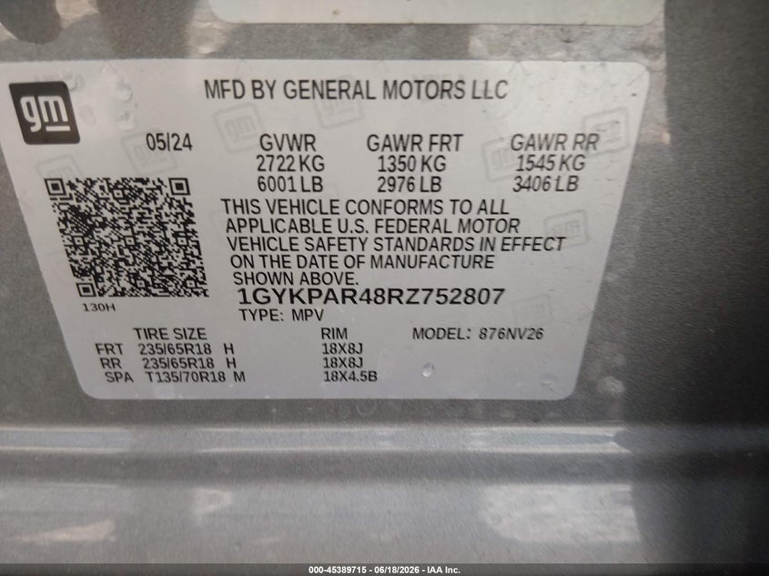 2024 Cadillac Xt6 Fwd Luxury VIN: 1GYKPAR48RZ752807 Lot: 45389715