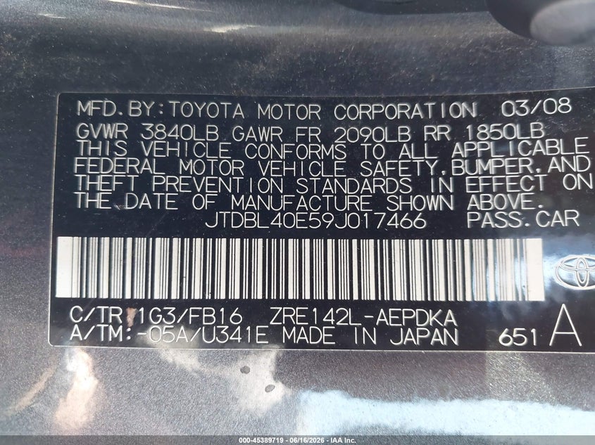 2009 TOYOTA COROLLA SEDAN 1.8L I-4 DOHC, VVT, 132HP