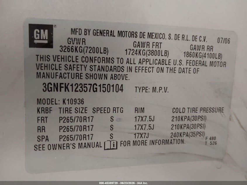 2007 Chevrolet Avalanche 1500 Lt VIN: 3GNFK12357G150104 Lot: 45389729