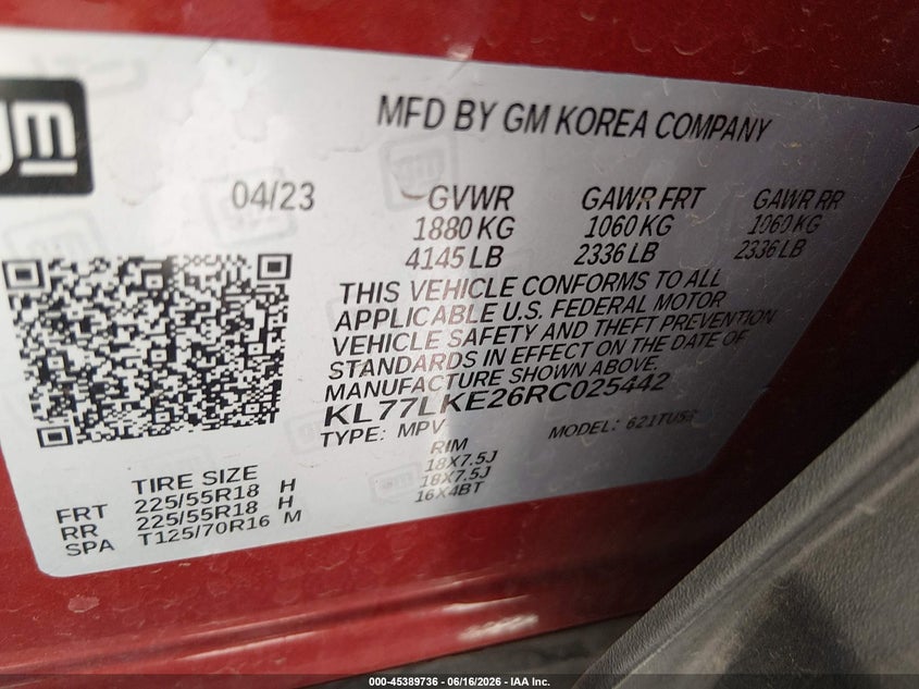 VIN KL77LKE26RC025442 2024 CHEVROLET TRAX FWD ACTIV