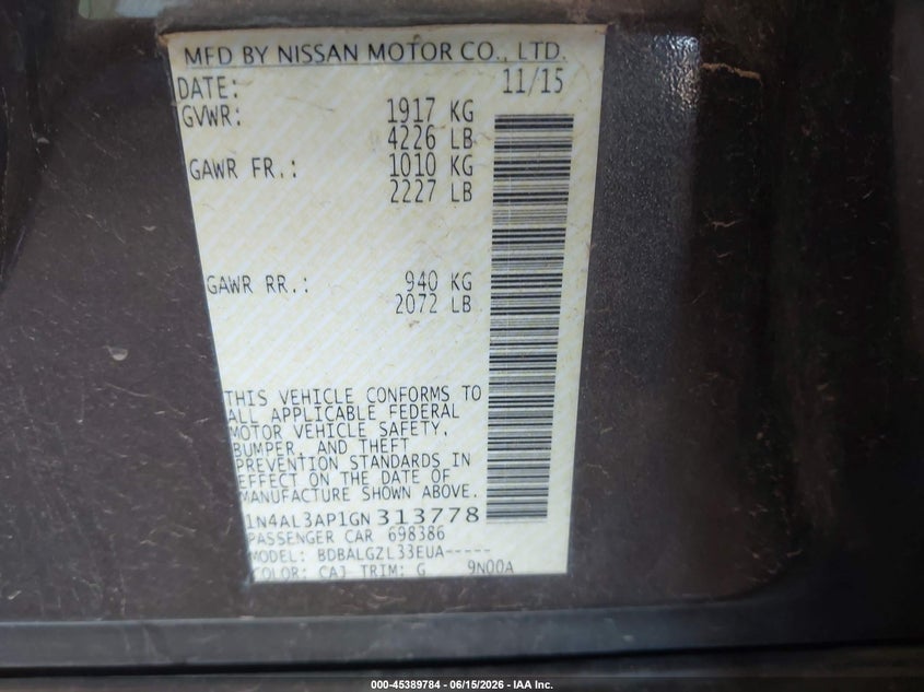2016 Nissan Altima 2.5 S VIN: 1N4AL3AP1GN313778 Lot: 45389784