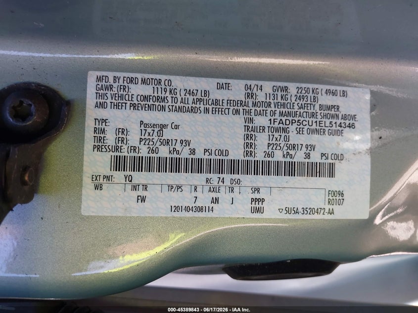 2014 Ford C-Max Energi Sel VIN: 1FADP5CU1EL514346 Lot: 45389843